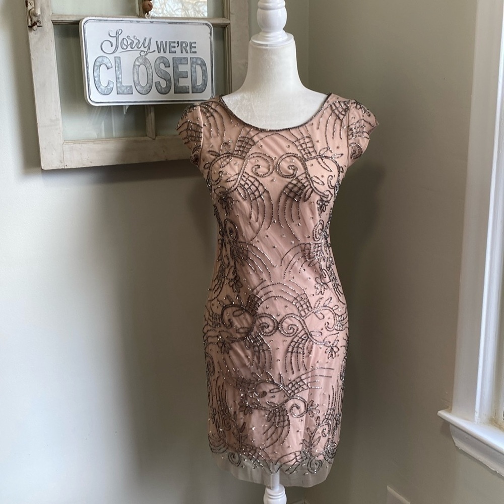 Adrianna Papell Beaded Sequin Nude Sheer Overlay Sheath Dress Cap Sleeve NWT